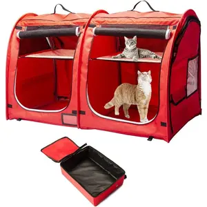 Portable Twin Compartment Show House Cat Cage/Condo - Easy to Fold & Carry Kennel - Comfy Puppy Home & Dog Travel Crate with Portable Carry Bag/Two Hammocks/Mats and Collapsible Litter Box