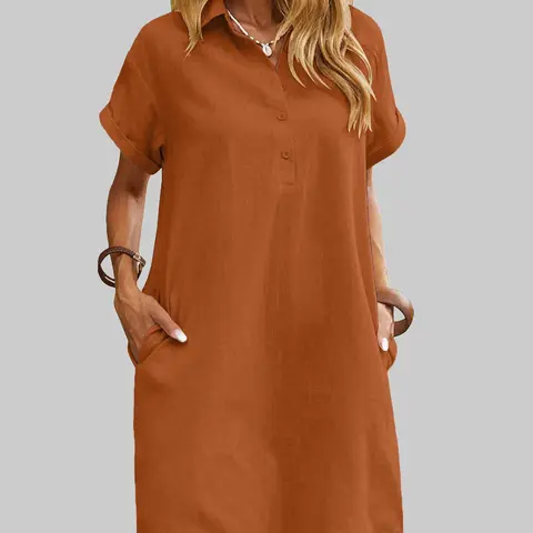 ZEAGOO Women's 100% Cotton Basic Fabric V-Neck Short-Sleeve Button-Down Blouse Dress - Lightweight, Casual Minimalist, Above Knee, Hidden Pockets, Soft, Breathable, Fitted, Party-Ready, Matching-Friendly White Dress for Office Summer Wear
