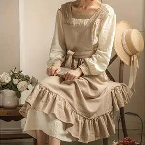 1pc Vintage French Country Linen Apron, Artistic Florist Design, Ruffled Hem, Kitchen Baking Apron, Solid Color With Nordic Style, Various Sizes