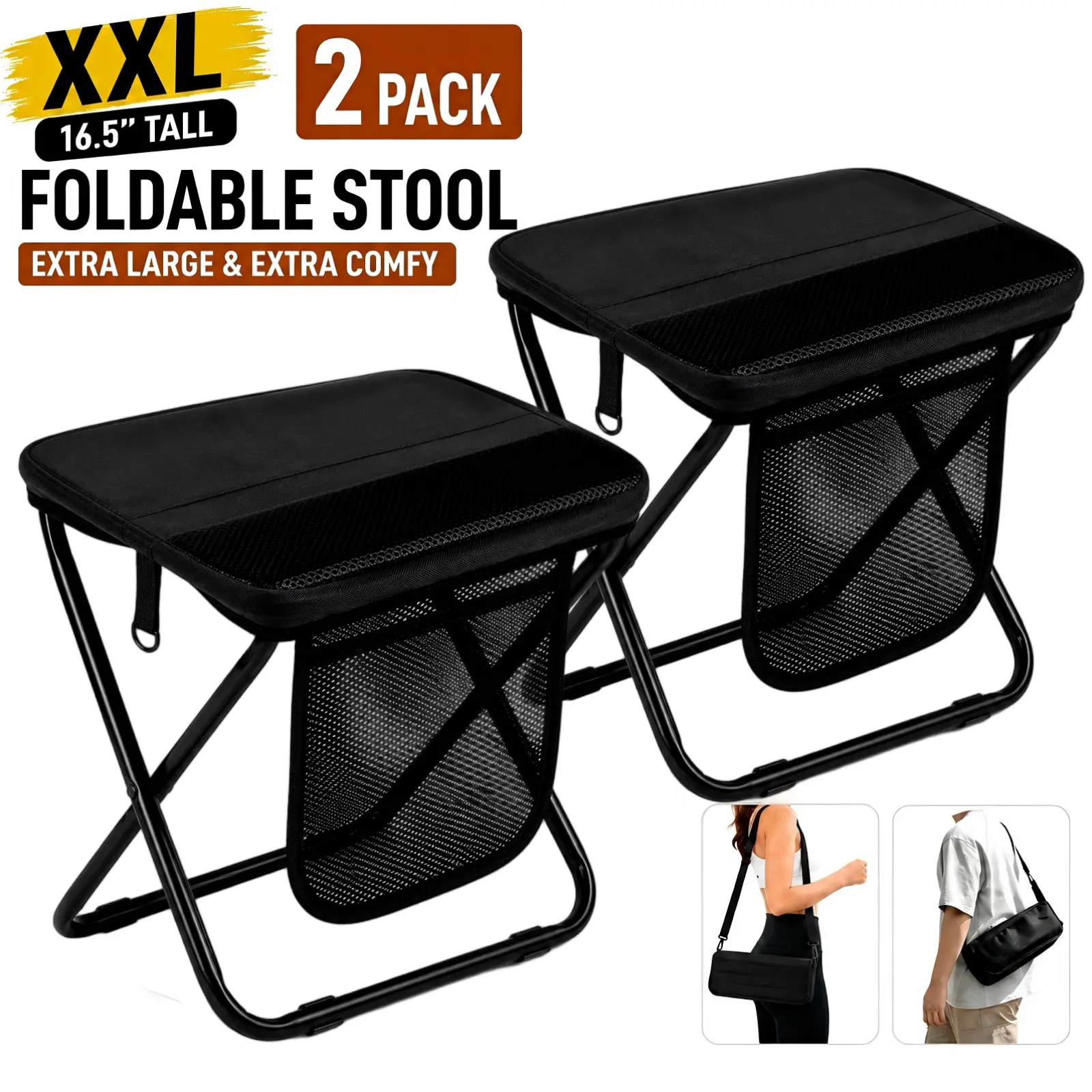 Wstrnix 16" Extra Tall Collapsible Stool for Adults - 2 Pack Sturdy Heavy Duty 2-in-1 Portable Seat with Shoulder Strap, Lightweight for Camping, Campfire Events