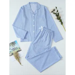 Women’s sleepwear set, sweet casual loungewear, long-sleeved bow evening dress, pocketed design, elegant striped sleepwear, loungewear