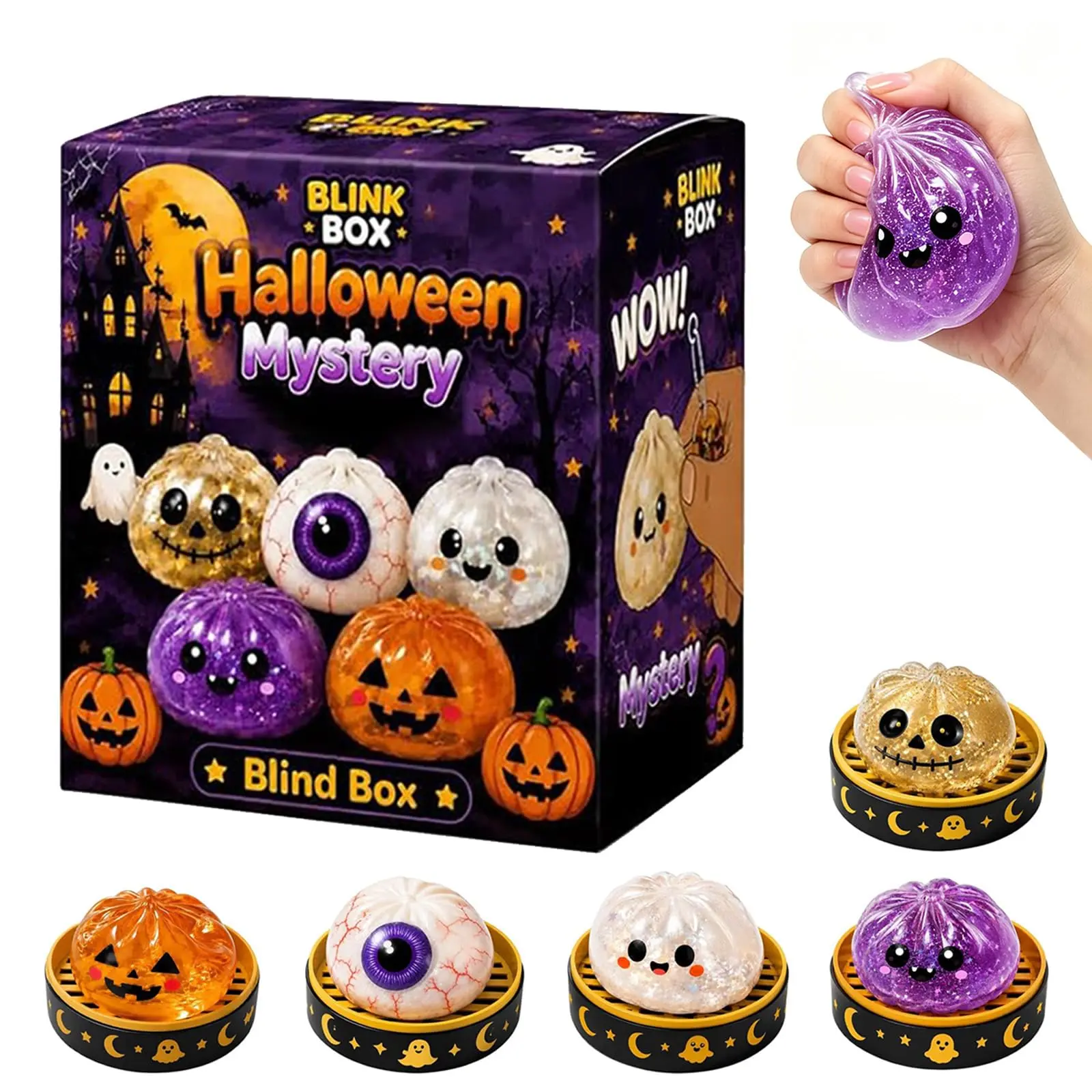 Cute Halloween scary ghost Maruko squeeze toy set, portable stress-relief hand squeeze toys, perfect Halloween party treat bag fillers and holiday gifts