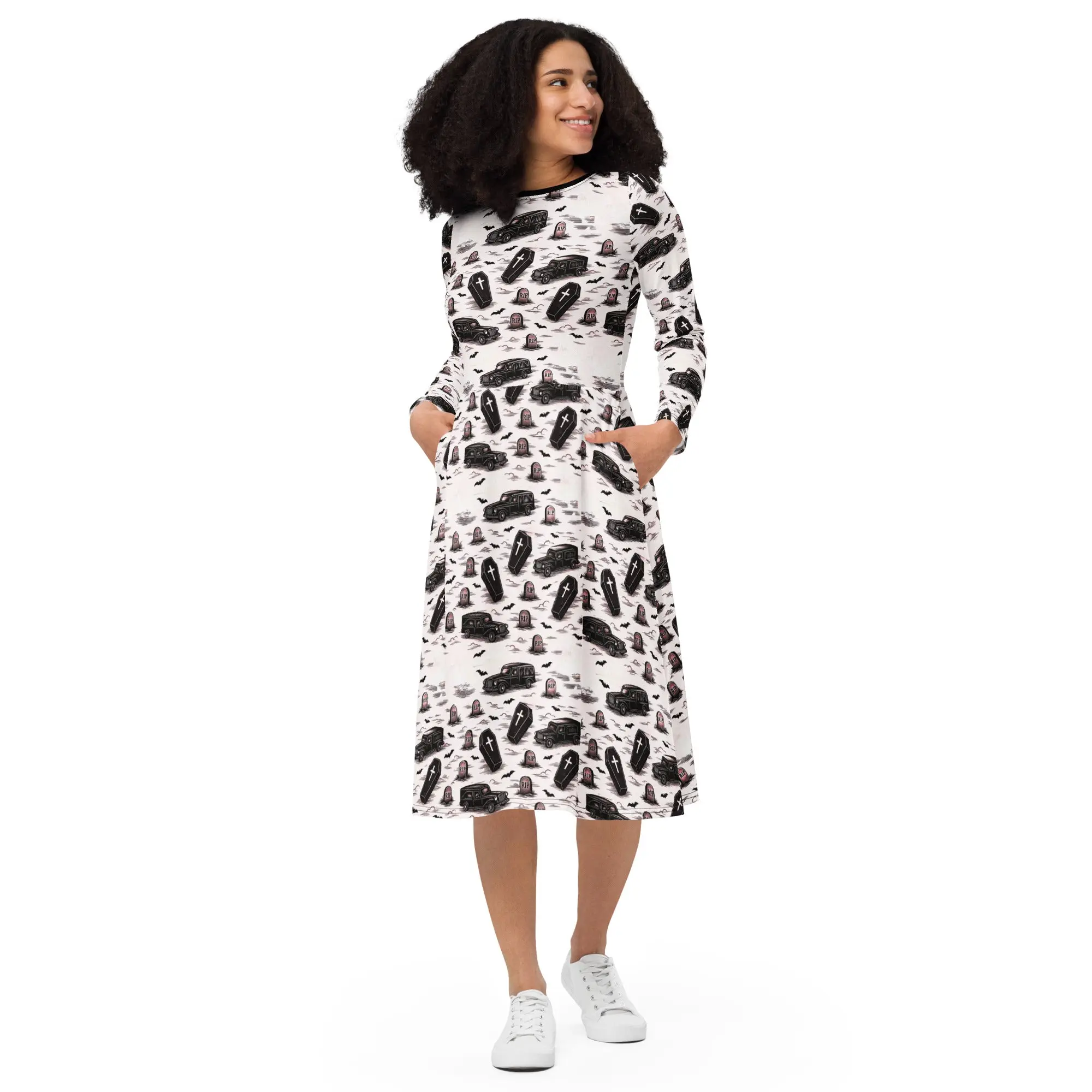 Rockabilly Hearse Coffin Long Sleeve Midi Dress – Retro Gothic Horror Alt Fashion & Unique Gift for Women