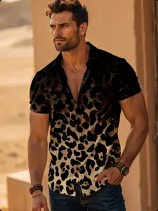 Men's Summer Leopard Print Short Sleeve Shirt, Slim Fit Casual Button Down Top, Trendy Streetwear Fashion, Versatile Daily Wear