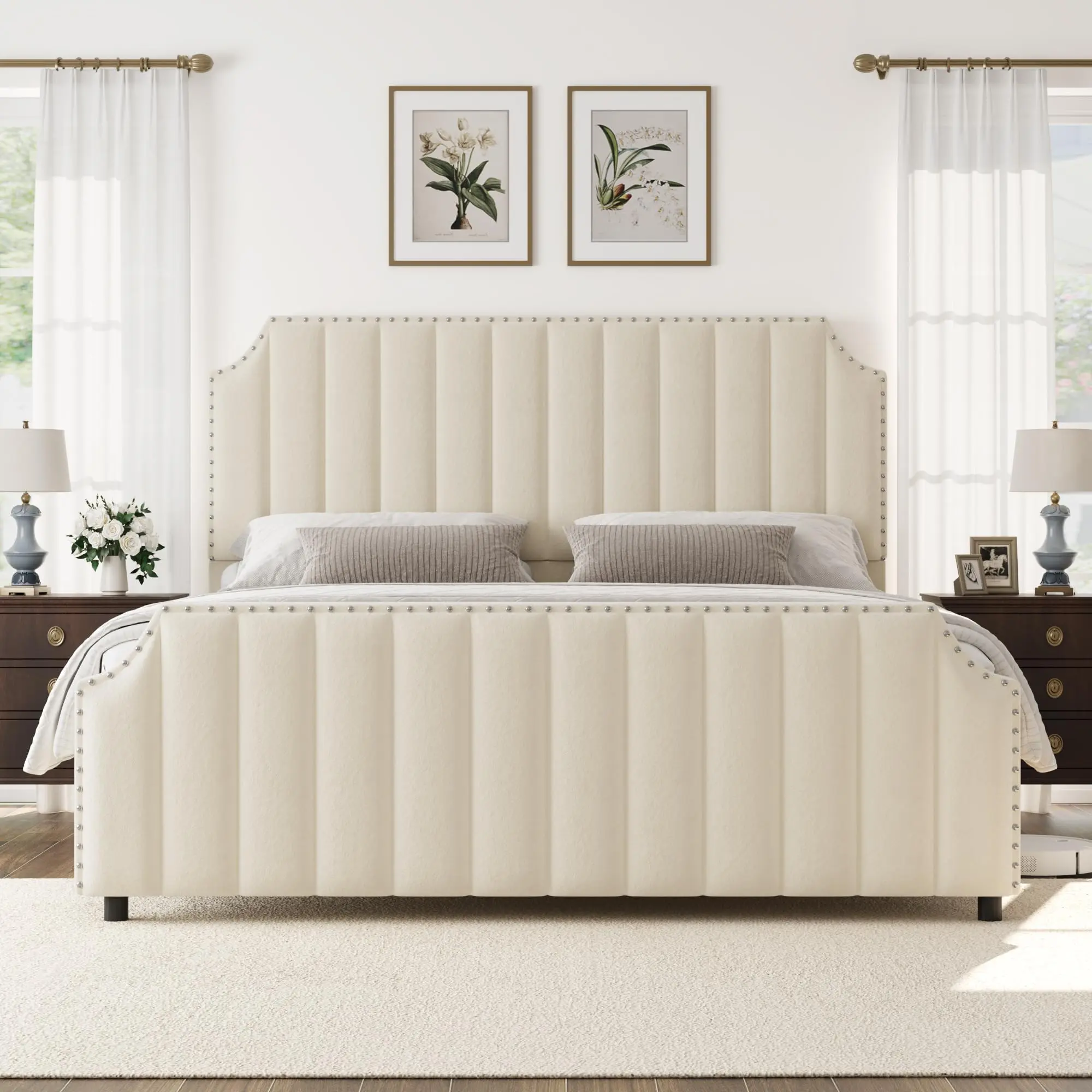 Cream Velvet Upholstery King Bedroom Bedframe - Elegant Bed Frame with 50.2" Vertical Channel Tufted Headboard, 23.6" Nailhead Trim Footboard, Silent, Durable, No Box Spring Needed, Indoor Furniture