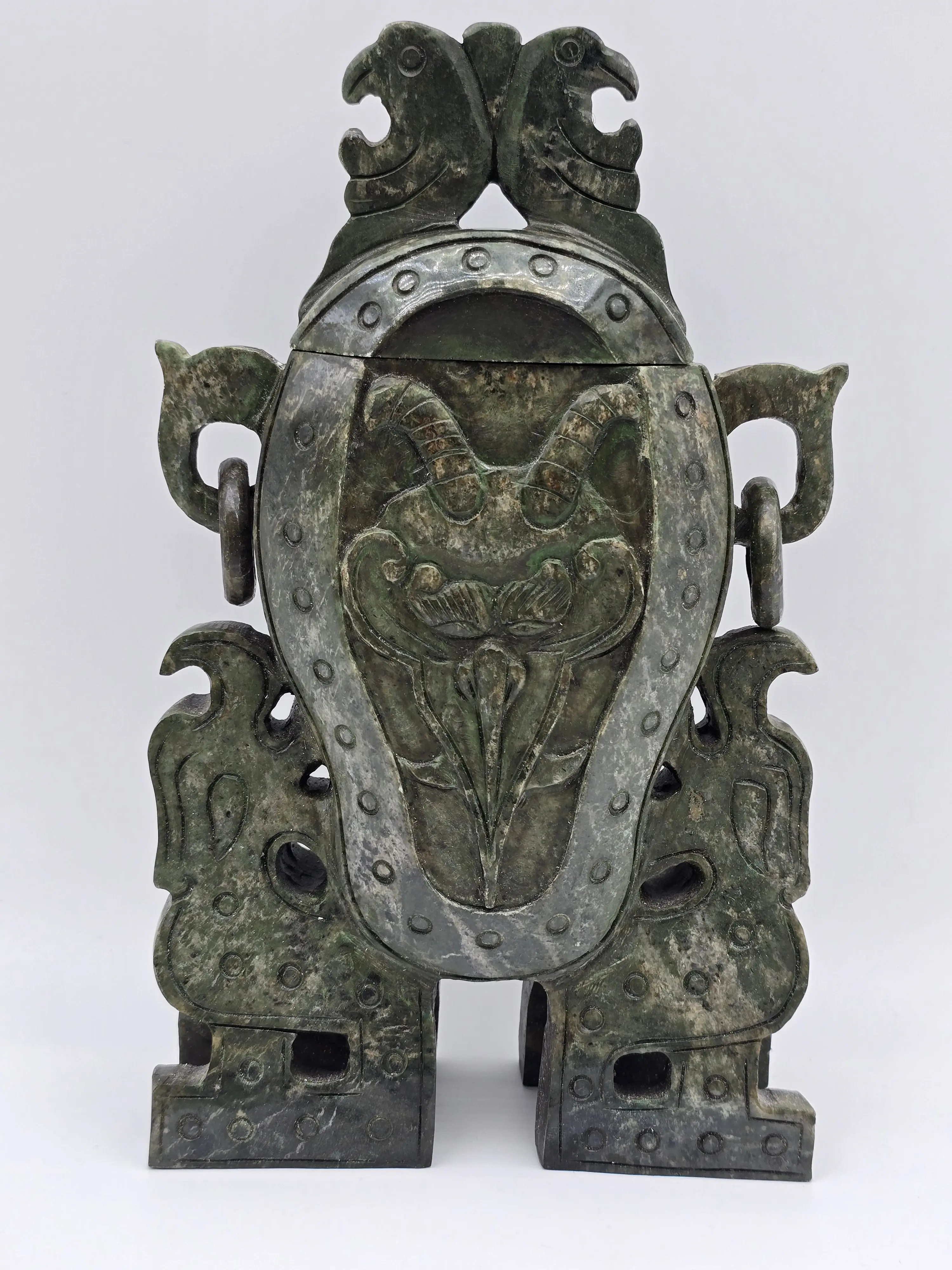 Carved Nephrite Jade Vessel with Double-Sided Faces and Free-Hanging Rings, Large 9.75-inch Traditional Sculptural Jar, Keepsake Holder for Room Decor, Faces Carved On Both Sides, Home