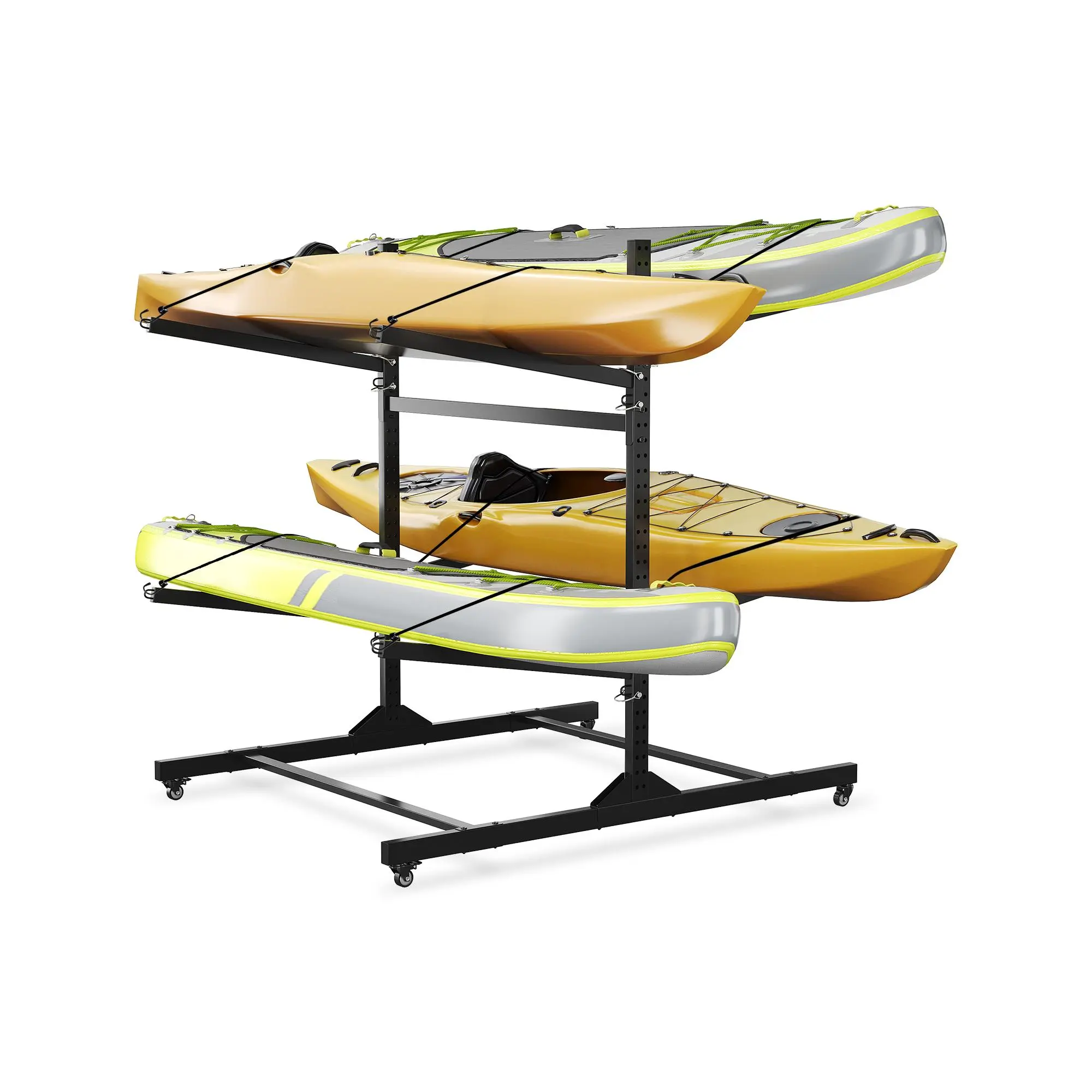Freestanding Kayak Storage Rack with Wheels, 4-Kayak Double-Sided Heavy Duty Steel Holder for Garage & Dock, Movable Rolling Canoe & SUP Stand with Hanging Straps, Space-Saving Outdoor/Indoor Watercraft Organizer