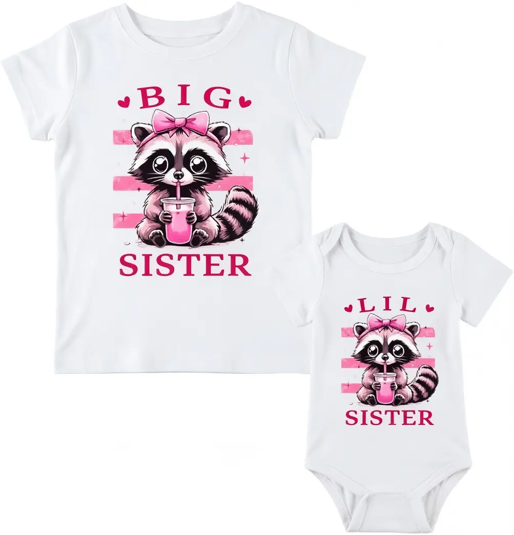 Little Sister Matching Outfit Raccoon Graphic T-Shirts for Girls Cute Summer Tee Toddler Sibling Set