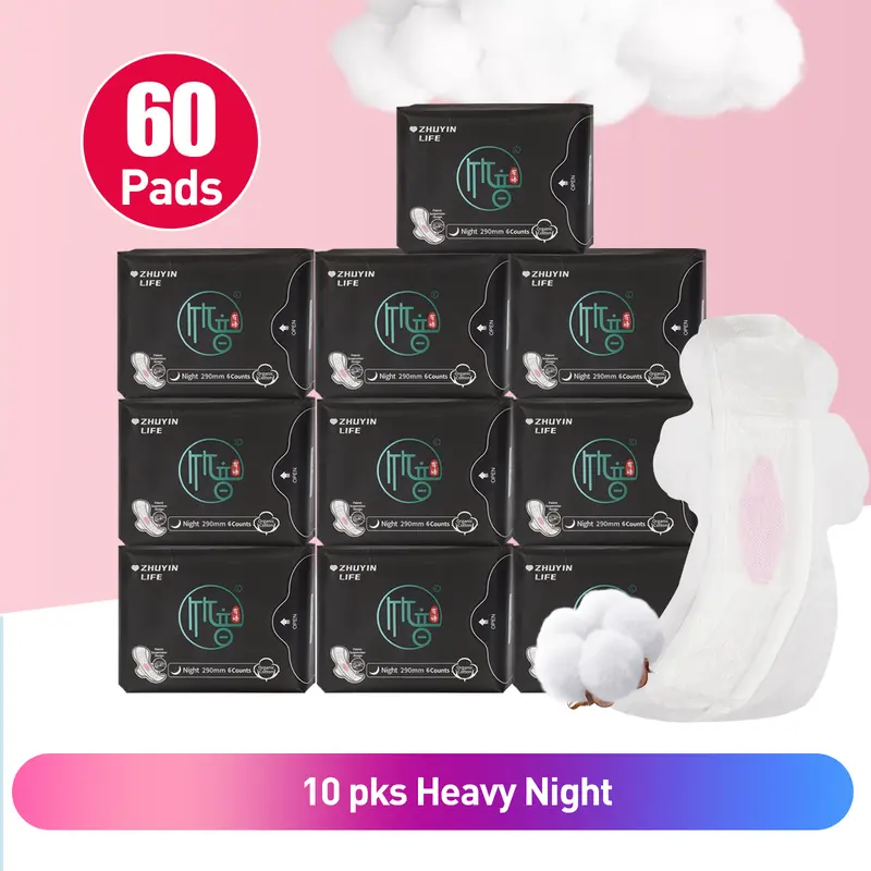 10 Packs/60 Counts Zhuyin Night Sanitary Napkin, Organic Cotton Super Absorbency Menstual Pads with Wings for 290mm Longer Night Pads, Unscented for Heavy Flow