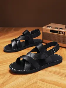 Men's Casual Handmade Sandals, Summer New Hollow Out Velcro Soft Sole Anti-Odor Flat Heel Flip Flops, Large Size Beach Shoes