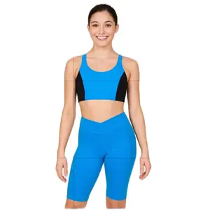 Theatricals classwear blue and black 2 piece dance set bike shorts and Womens Theater Twist Back Sports Bra crop top tank dancewear adult XS