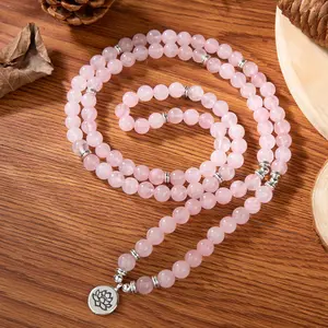 Natural Rose Quartz 108 Beads Rosary Lotus Bracelet - 8mm Gemstone Beads Multi-Circle Healing Bracelet