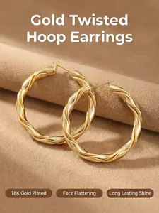 18k Gold Plated Twisted Large Circle Earrings, Luxury Vintage Simple Ring Ear Jewelry, Elegant Fashion Accessory for Women