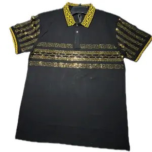 SHIRT RHiNESTONE SLIMFIT Black with Gold Greek Key Embroidery and Sleeves