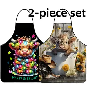 2-piece Set Cute Highland Cattle Print Aprons, Apron for Women,Unisex Polyester Highland Cow Apron,Mother's Day Gift, Cooking Apron, Valentine's Day Gift,Kitchen Essentials,Nails Design Tool