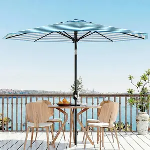 9FT Stylish Blue & White Striped Patio Umbrella with 8 Durable Ribs, Easy Crank Lift & Push Button Tilt, UV Protected & Waterproof Outdoor Sun Shade for Pool, Deck, Yard and Garden