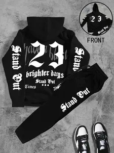 Men's Hooded Sweatshirt and Pants Set, Thick Casual Fitted Long Sleeve Top, Fall & Winter Fashion, Graphic Letter Print Streetwear, Outfit