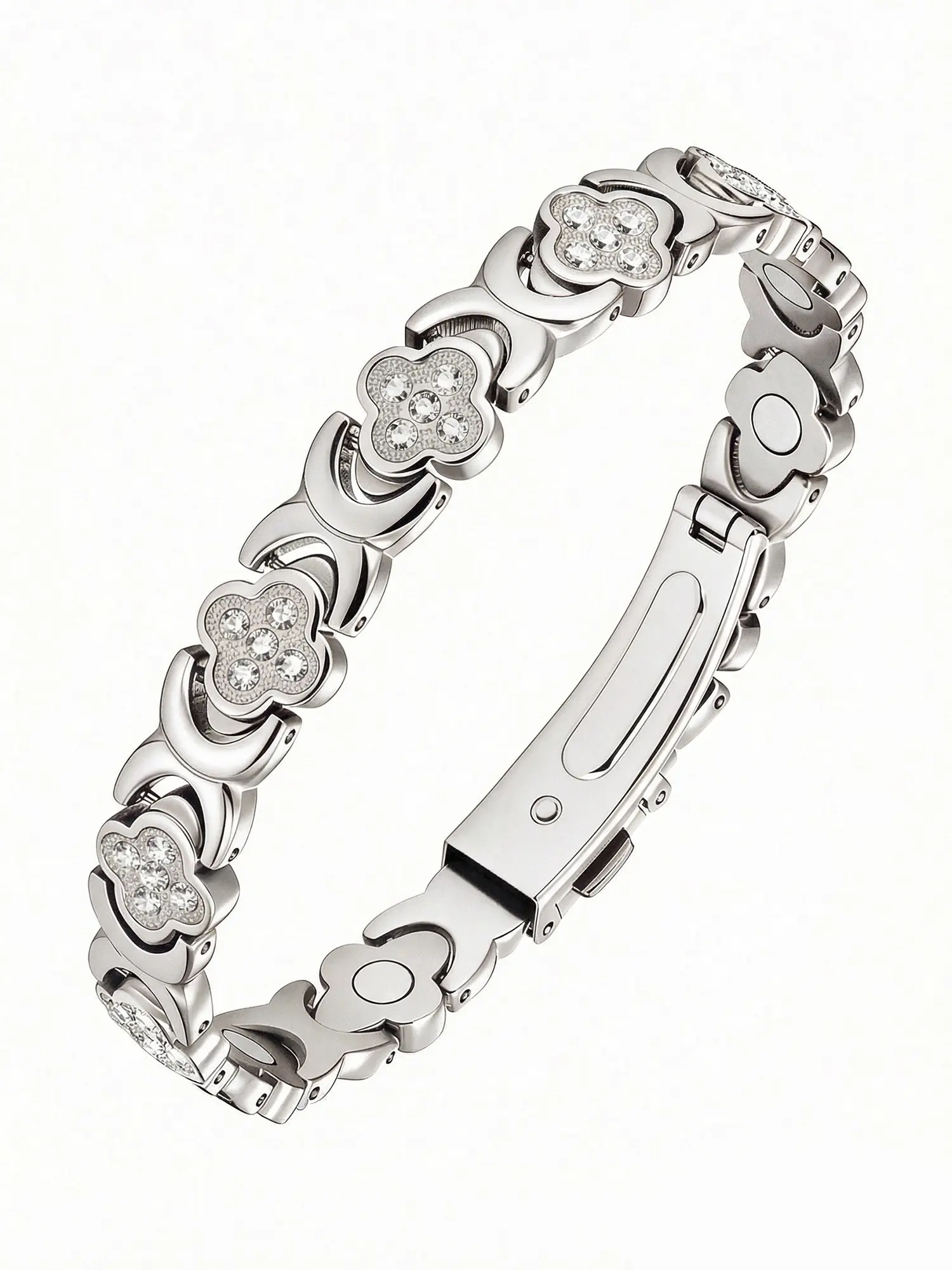 Pure Copper Magnetic Bracelet for Women, Exquisite Bracelet, 3800 Gauss Effective Magnets Rhinestone embellishment, silver four-leaf clover design Trendy Stack Bangle Stretch Design Fashion Jewelry Gift Adjustable Clover Bracelets