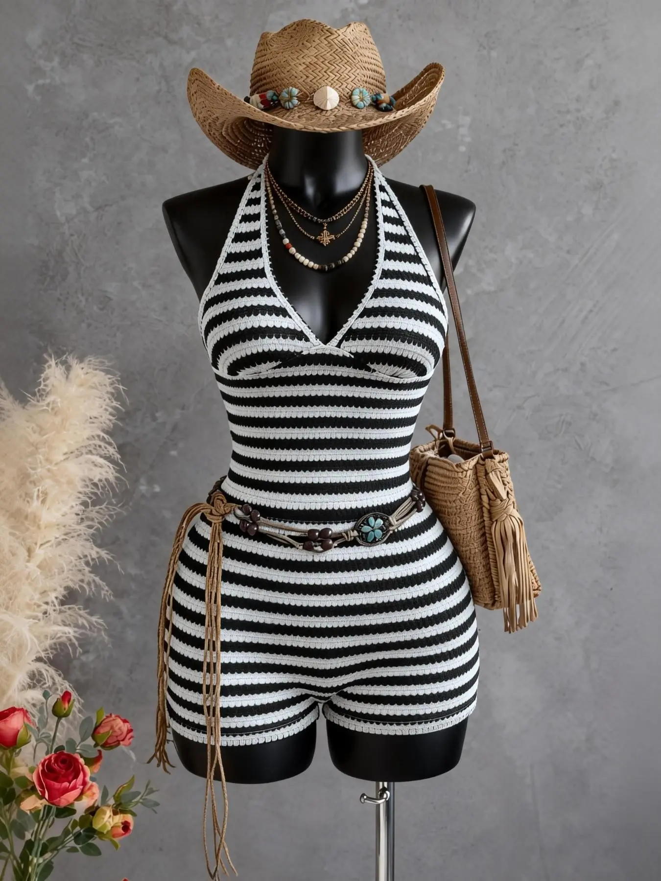 Fashion Women's Knitted Jacquard Striped Slim Fit Halter V-Neck Chic Casual Fashionable Jumpsuit, Summer Casual Versatile Daily Wear, Stylish and Comfortable One-Piece Womenswear