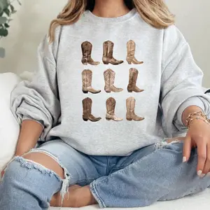 Cowboy Boots, Western, Retro, Vintage, Country, Sweatshirt, Women's Crew Neck, Crewneck, Womenswear Sweaters Embroidered Fit