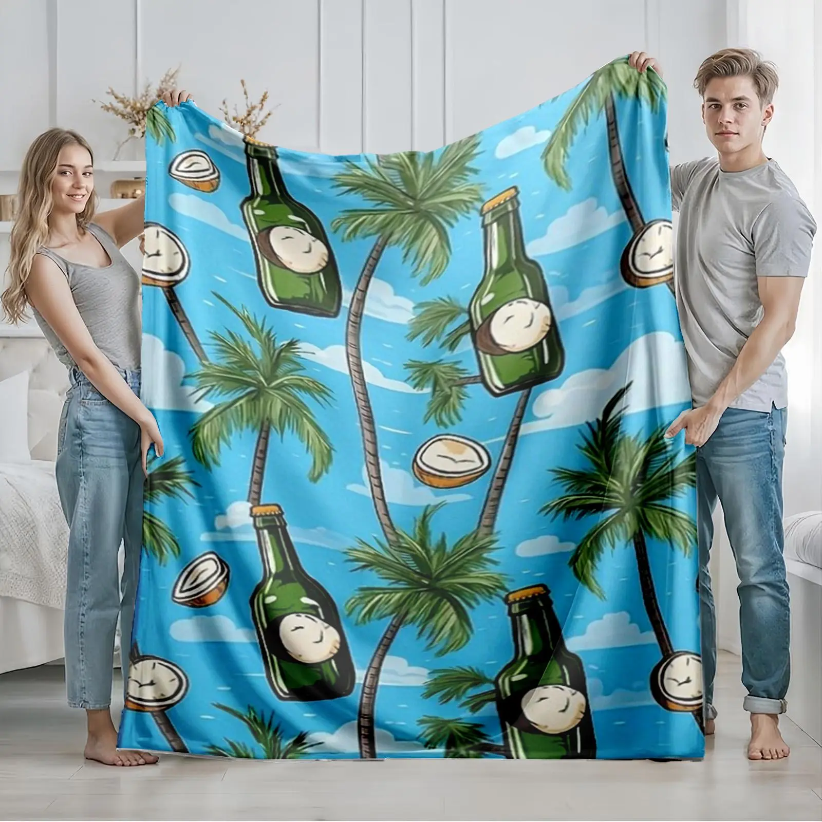 1 piece Coconut beer and tropical beach vibes themed flannel blanket - Super soft fluffy flannel blanket, suitable for sofas and beds, all-season use, modern design, digital printing, 100% polyester material, machine washable, suitable for home and
