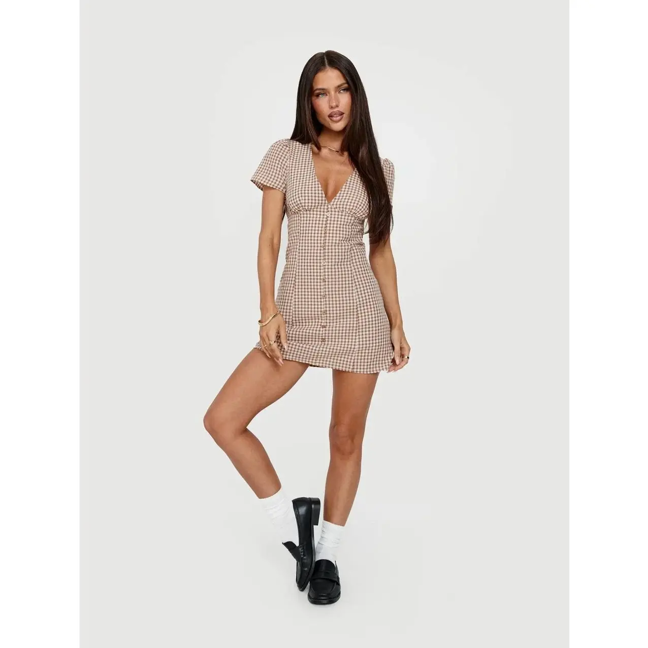 PRINCESS POLLY Loveliness Romper Brown Check