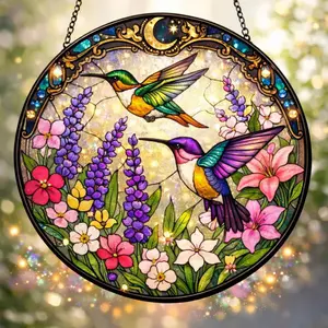Hummingbird Stained Glass Suncatcher, Floral Window Hanging, Nature Home Decor