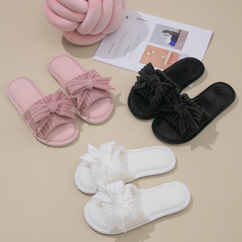 Women's Plush Bow Knot Home Slippers - Open Toe Soft Indoor House Shoes for Spring & Autumn in Pink Black & White Colors