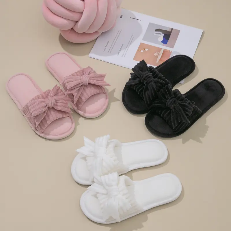 Women's Plush Bow Knot Home Slippers - Open Toe Soft Indoor House Shoes for Spring & Autumn in Pink Black & White Colors