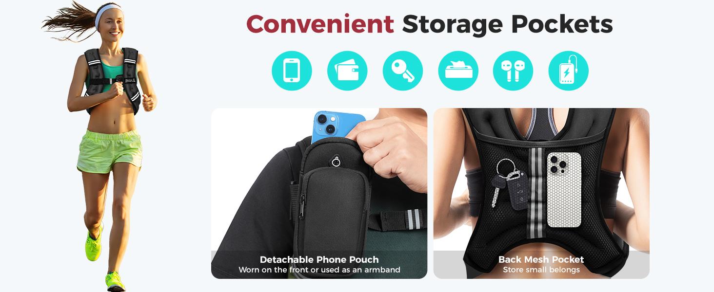 【SpringStatements】BAGAIL Comfort-Fit Weighted Vest for Woman, Even Weight Distribution, No-Chafe or Bounce for Walking & Running with Detachable Phone Pouch & Reflective Stripes (Available 5-30lbs)