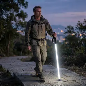 Laser Saber Style Trekking Poles - Non-Foldable Built-in LED Light Strip Hiking Sticks, Adjustable Waterproof Aircraft Aluminum with Anti-Slip Grip, Photo Ready for Night Hiking Camping Emergency Safety TikTok Shots Travel Accessories