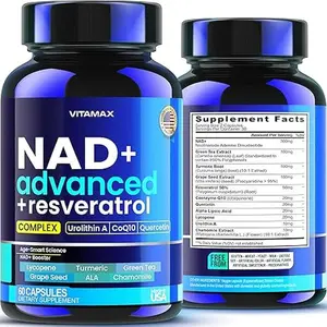 Vitamax NAD+ Supplement Extra Strength - Liposomal + Urolithin A, Resveratrol, CoQ10 - Women & Men - ALA, Green Tea, Quercetin, Lycopene – High Purity, Energy & Regeneration - Made in USA – 60ct