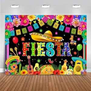 Mexican Fiesta Backdrop Banner - Colorful Cinco De Mayo Party Decorations with Sombrero, Cactus, Taco, Piñata for Photo Booth, Birthday, Fiesta Party Supplies