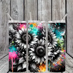 20 oz Sunflower Splattered Stainless Steel Tumbler; Includes Plastic Lid and Straw Drinkware Flasks