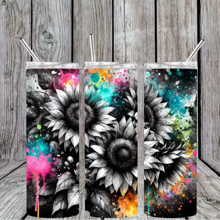 20 oz Sunflower Splattered Stainless Steel Tumbler; Includes Plastic Lid and Straw Drinkware Flasks