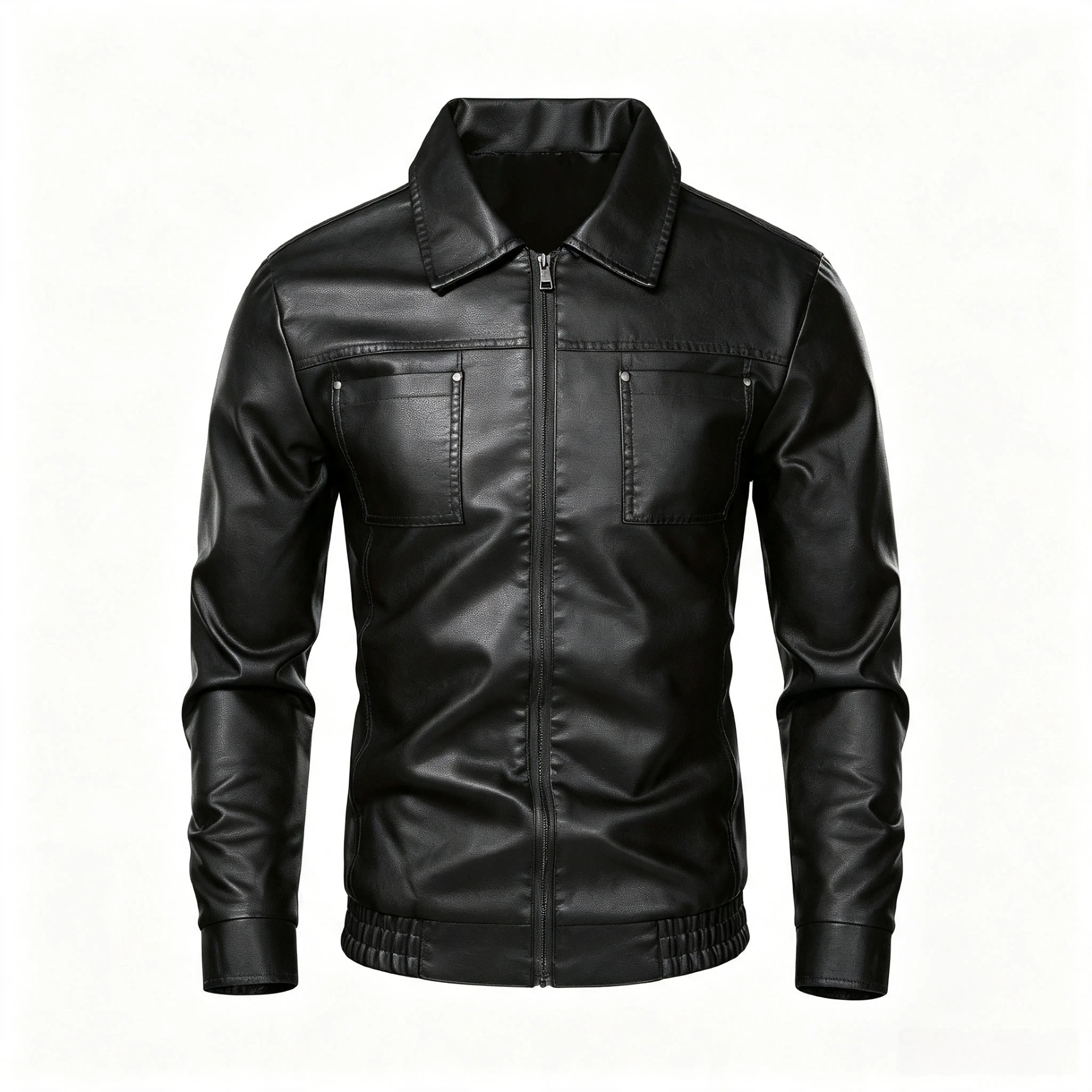 leather jacket men  Men's Plain Casual Long Sleeve Black Leather Jacket with Zipper Closure and Pockets, Menswear Outerwear