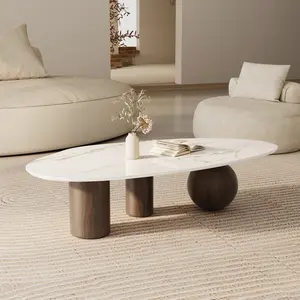Laylla Modern 54" Coffee Table, White Sintered Stone Table-top, 3 Stainless Steel legs, Free form Furniture Living Room