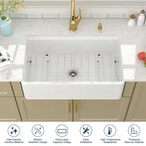 Lordear 30 Inch Farmhouse Kitchen Sink Fireclay White Farm Apron Front 30x20 Kitchen Sink Workstation Classic Under Counter Single Bowl Sinks 10 inch Deep Bowl
