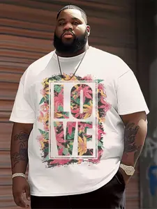 Men's Plus Size Casual Streetwear Short Sleeve Shirt, Geometric Pattern, Breathable Loose Fit, Summer Beachwear, Valentine's Day Print