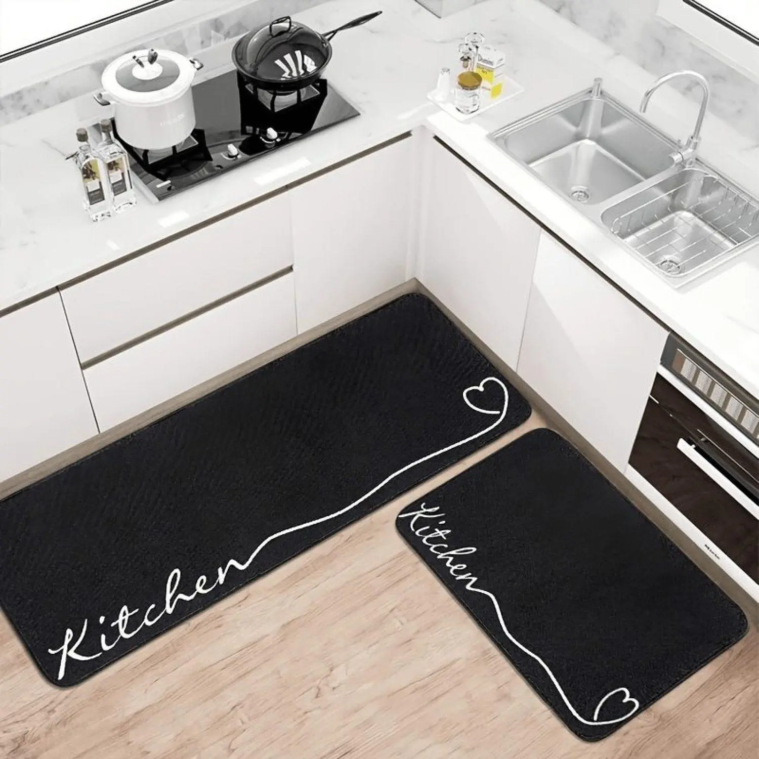 Black Simple Heart Kitchen Script Print Flannel Indoor Non‑Slip Kitchen Rug