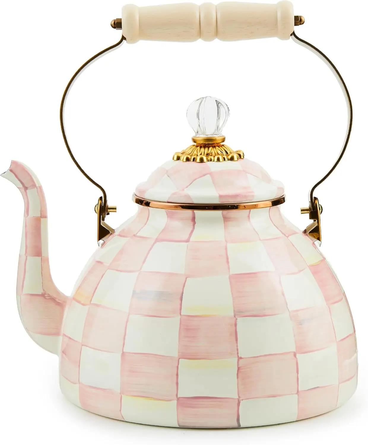 MACKENZIE-CHILDS Enamel Stovetop Tea Kettle, 3-qt Pink-and-White Rosy Check Classic Kitchenware with Wood Handle, Glass Lid and Steel Accents