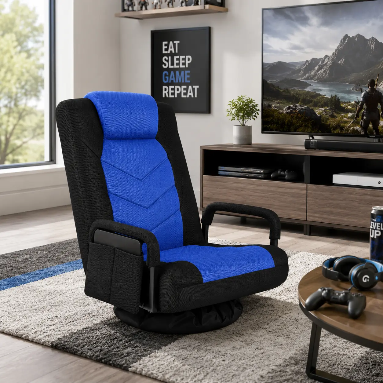 Costoffs 360° Swivel Floor Gaming Chair, 6-Position Adjustable Reclining Chair with Armrests, Padded Headrest and Controller Pocket for Console Gaming, TV, Bedroom and Game Room