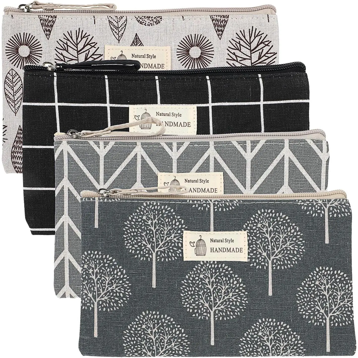 4 count Canvas  Bags  Pouches with Zipper Makeup Bag Multi-Function Canvas Travel Pouch Vacation Travel Toiletry Bag for Women Girls, 4 Patterns