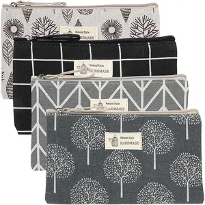 4 count Canvas  Bags  Pouches with Zipper Makeup Bag Multi-Function Canvas Travel Pouch Vacation Travel Toiletry Bag for Women Girls, 4 Patterns