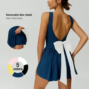 TimeOFF Women's Deep V-Back Jumpsuit , Detachable Bow, 2-in-1 , Smocked Waist, Princess Seam , Yoga 、Gym Womenswear Sleeveless Stretchable Activewear Stylish Activewear Workout Apparel jumpsuit