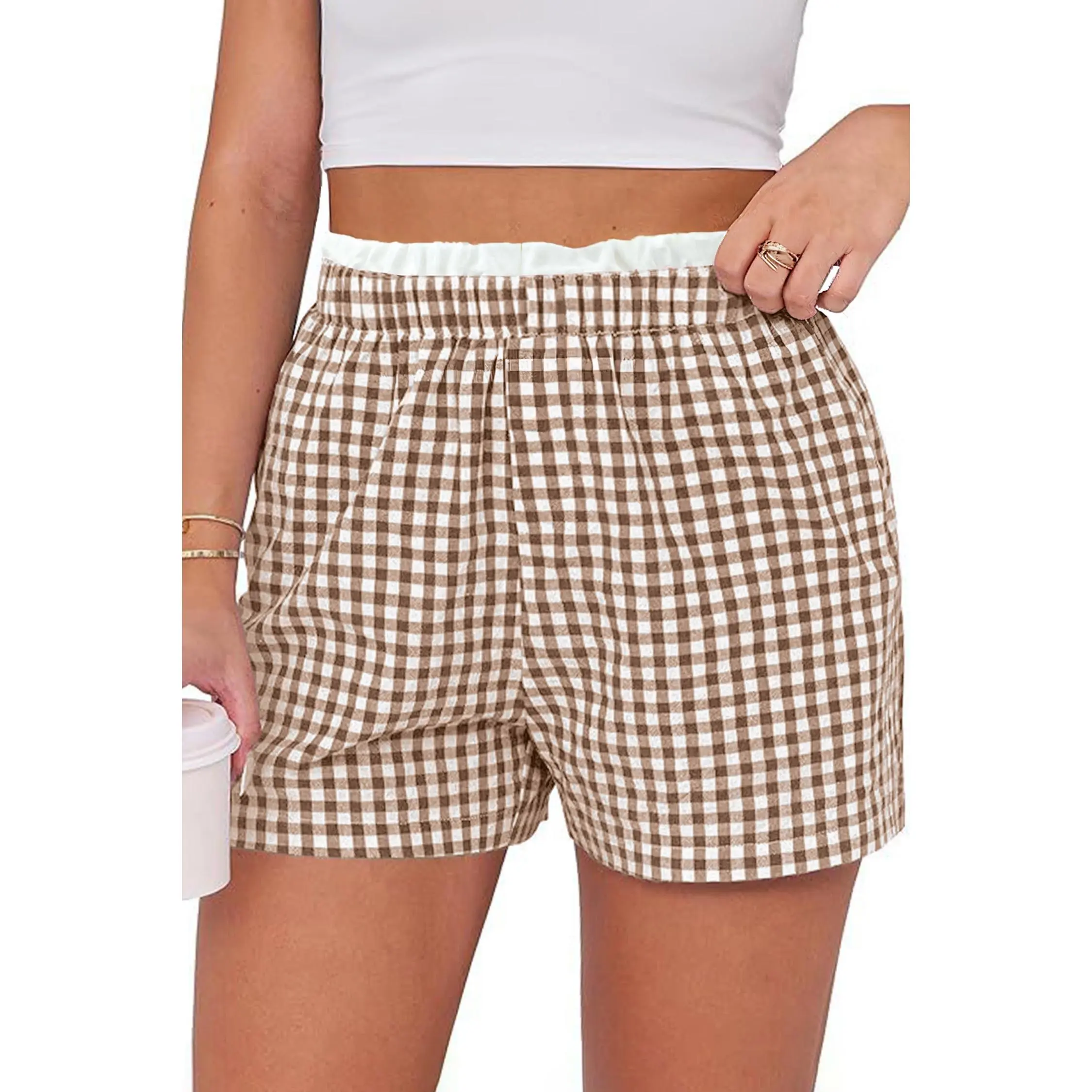 Khaki Plaid Print Plus Size Shorts with Contrast Trim – Casual Summer Style for Women