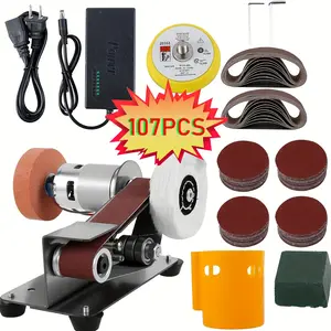107PCS 3-in-1 Mini Belt Sanding Machine with 15 Degree Electric Desktop Sander 7 Adjustable Speed Buffer Polishing Tools for DIY Metal Wood Crafts