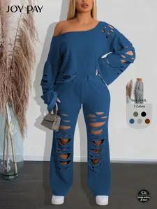 JOYPAY Trendy Off-Shoulder Ripped Two-Piece Lounge Set in Blue - Medium Size - Casual Knitwear for Spring Fall - Micro Elastic Polyester Elastane Fabric    YF6120
