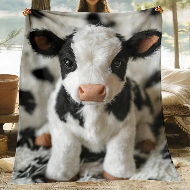 1pc Chunky Knit Cow Print Flannel Throw Blanket - Soft Warm Polyester Fleece, Machine Washable - For Sofa, Bed - Ideal Holiday Gift for Family, Animal Theme, Chunky Knit Blanket