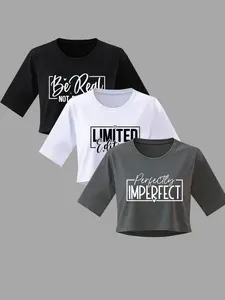 Women's Summer Casual Loose Fit Round Neck Plaid Letter Print T-Shirt, Cool Graphic Tee, Fashionable Short Top for Kids & Teens, Trendy Versatile Clothing, Cute Basic Tee, Fashion Printed Shirt